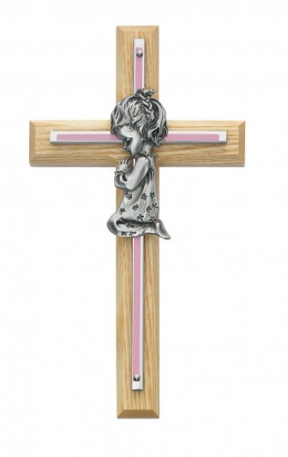 Girl Cross - Oak Wood with Brass and Pink Accent - Pink