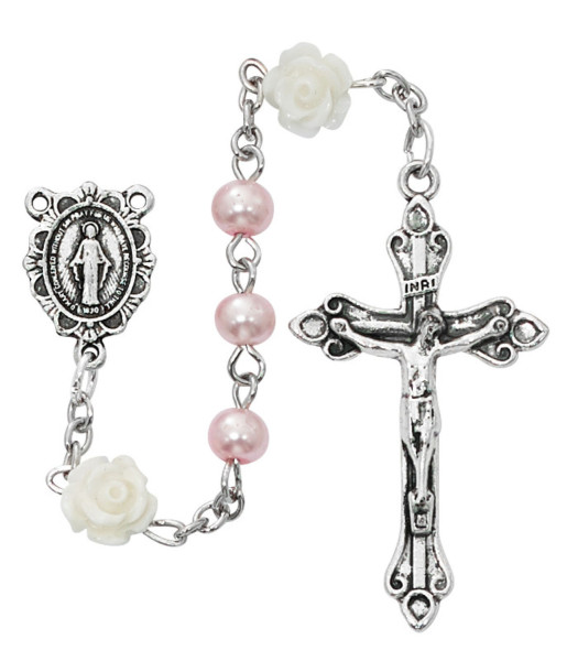 Girls Pink and Flower Rosary - Pink | White | Silver