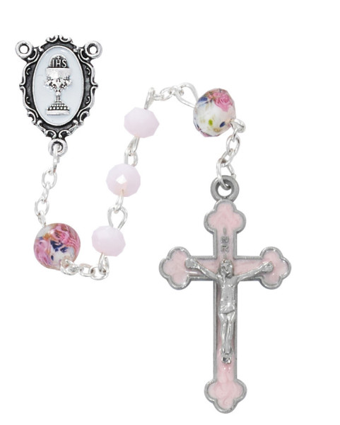 Girls Pink Venetian Beads First Communion Rosary - Pink