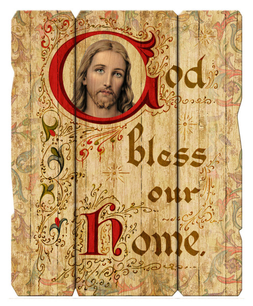 God Bless Our Home Distressed Wood Wall Plaque - Full Color