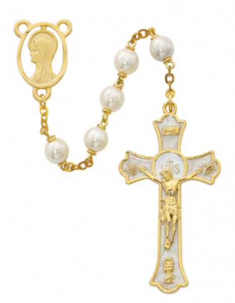Gold Tone and White Enamel First Communion Rosary - Pearl White