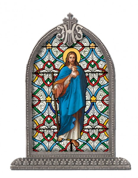 Good Shepherd Glass Art in Arched Frame - Full Color