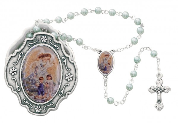 Guardian Angel Blue Faux Pearl Rosary with Ornate Box - Blue