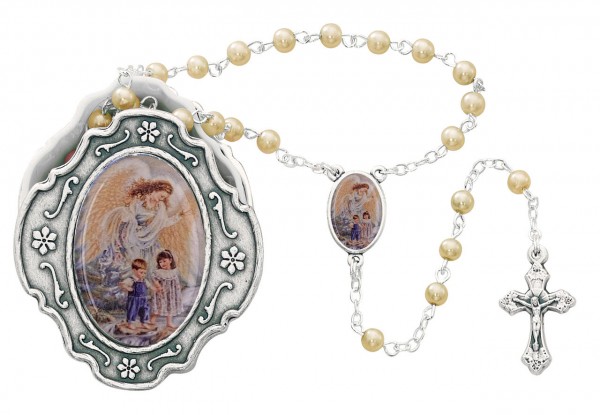 Guardian Angel Faux Pearl Rosary with Ornate Box - Pearl White