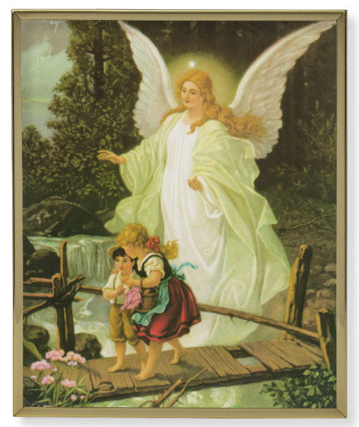 Guardian Angel Over the Bridge Gold Frame Plaque - 2 Sizes - Full Color