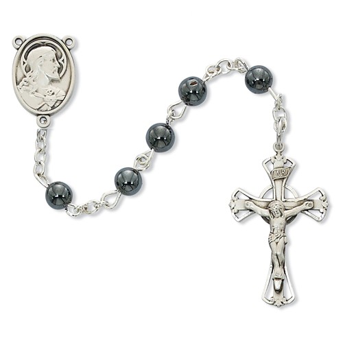 Hematite First Communion Sacred Heart Rosary - Sterling Silver - Gray