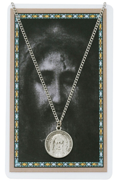 Holy Face of Jesus Medal and Prayer Card - Silver tone