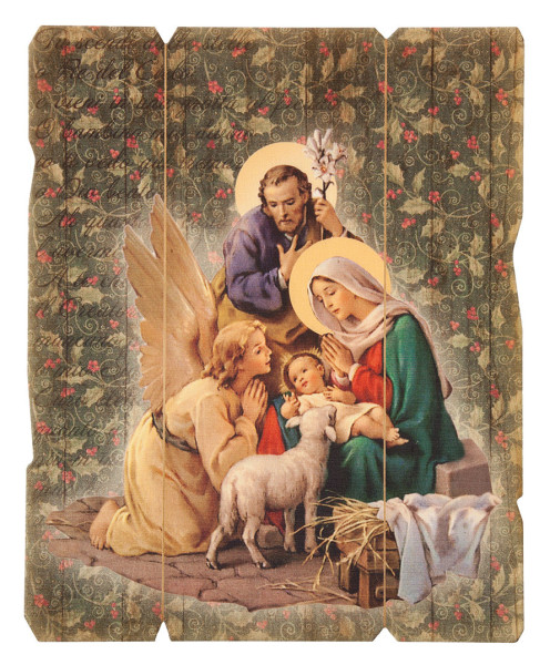 Holy Family with Angel Distressed Wood Wall Plaque - Full Color