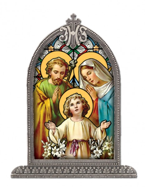 Holy Family Glass Art in Arched Frame - Full Color