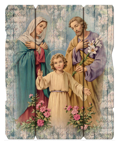 Holy Family with Toddler Christ Distressed Wood Wall Plaque - Full Color