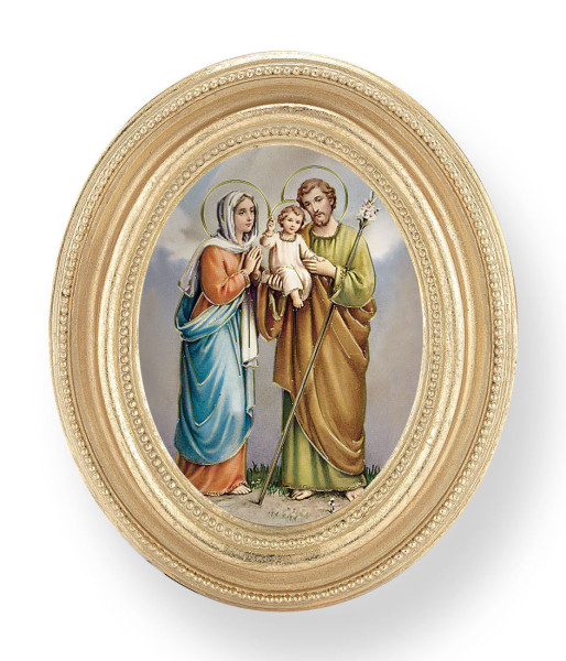Holy Family w Lilies Small 4.5 Inch Oval Framed Print - Gold