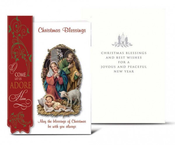Holy Family with Red Side Banner Christmas Card Set - Full Color