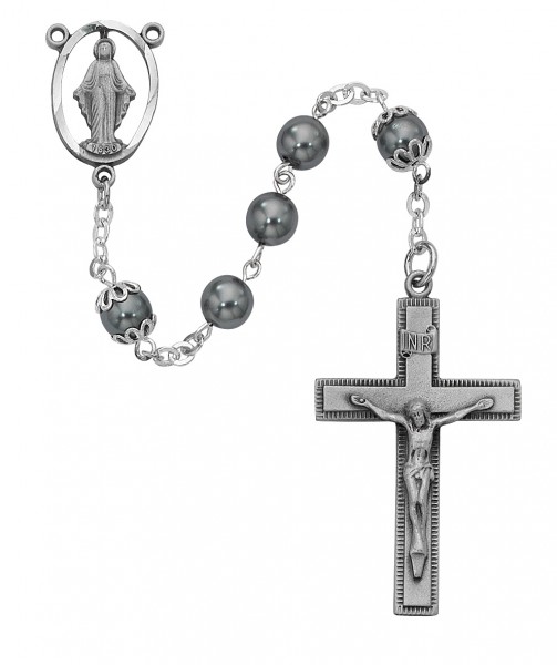 Imitation Hematite 7mm Rosary with Pewter - Black
