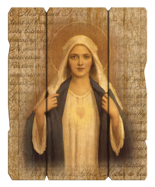 Immaculate Heart of Mary Wall Plaque in Distressed Wood - Full Color