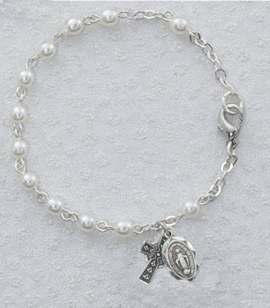 Irish First Communion Faux Pearl Bracelet with Miraculous and Celtic Cross Charm - Pearl White
