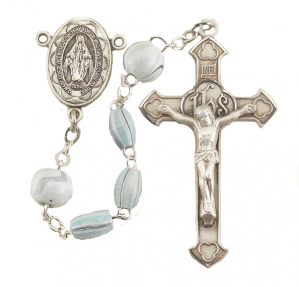Italian Wood Bead Rosary in Sterling Silver - Aqua