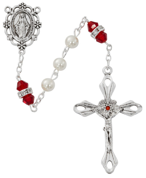 January Birthstone Rosary Garnet Pearl Glass - Red