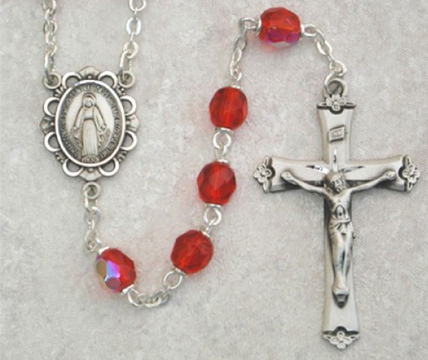 July Birthstone Rosary (Ruby) - Sterling Silver - Ruby Red