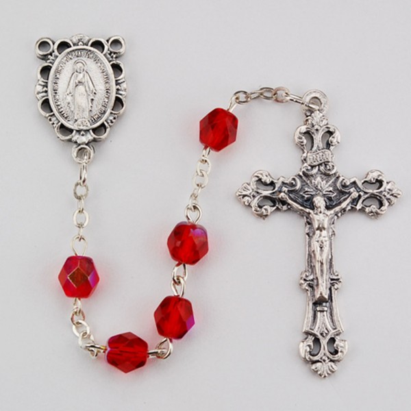 July Red Aurora Glass Bead Rosary - Ruby Red