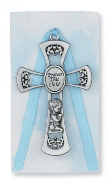 Kneeling Boy Cross Crib Medal, Pewter - Silver