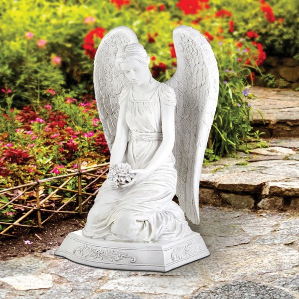 Kneeling Memorial Angel with Flowers Garden Statue 20&quot; High - White