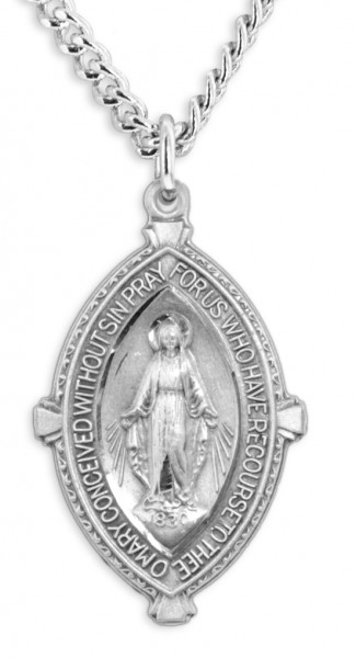 Large Almond Shape Miraculous Medal Text Border - Sterling Silver