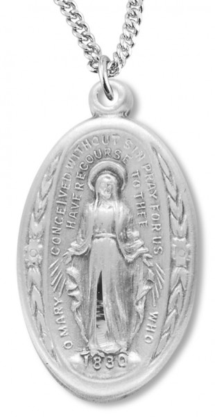 Leaves and Floral Border Oval Miraculous Medal - Sterling Silver