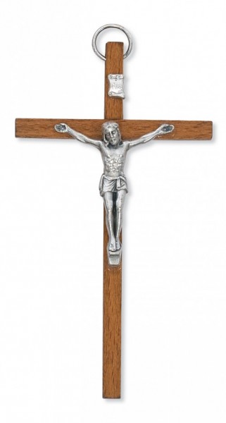Light Brown Wood Crucifix with Metal Corpus - 4&quot;H - Light Brown