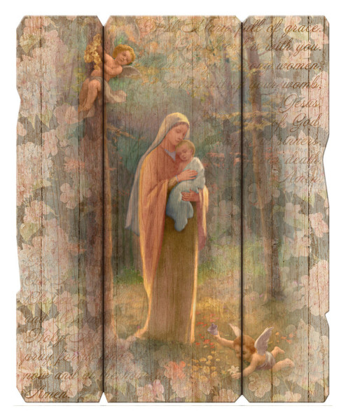 Madonna of the Woods Distressed Wood Wall Plaque - Full Color