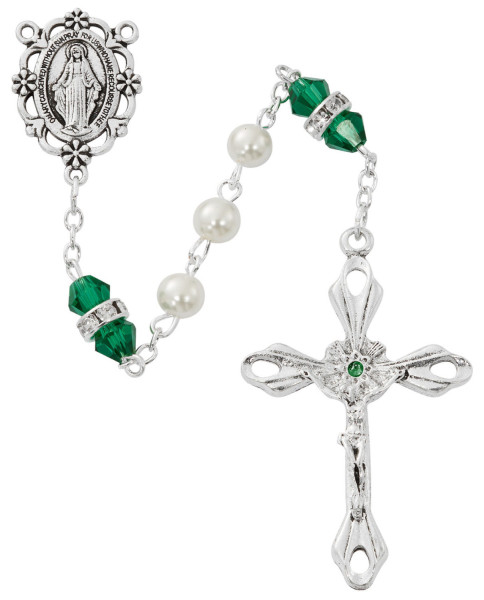 May Birthstone Rosary Emerald Green Pearl Glass - Emerald Green
