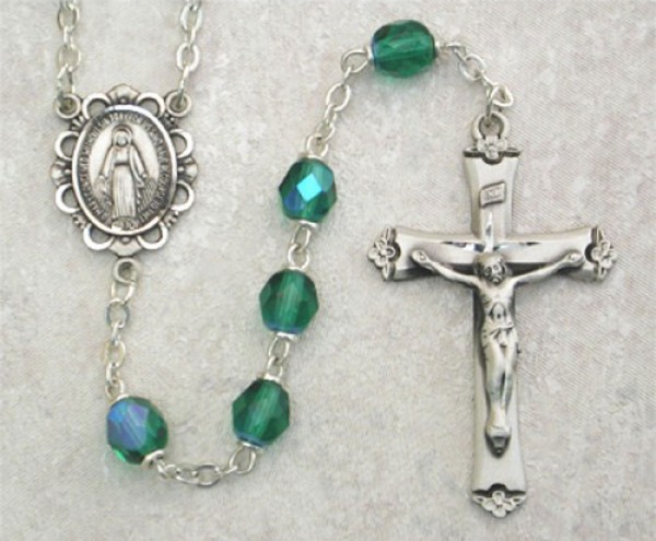 May Birthstone Rosary (Emerald) in Sterling Silver - Emerald Green