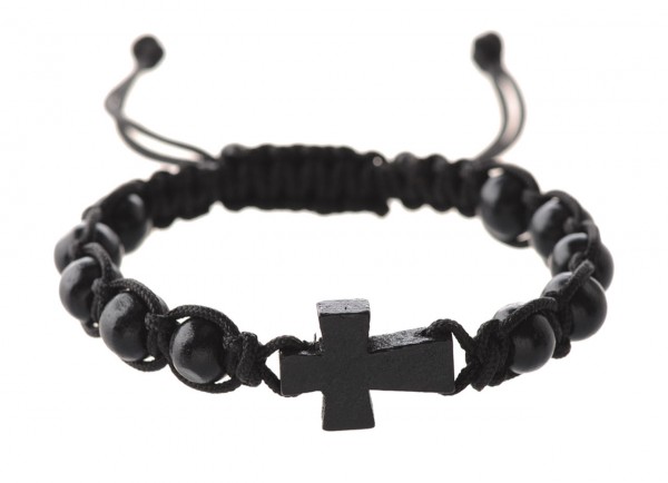 Men's Adjustable Black Wood Bead and Cross Corded Bracelet - Black