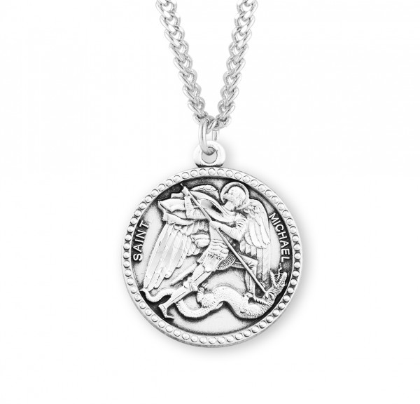 Men's Beaded Edge Round Saint Michael Medal - Sterling Silver