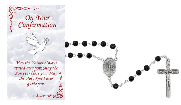 Mens Confirmation Rosary with Prayer Card Set - Black