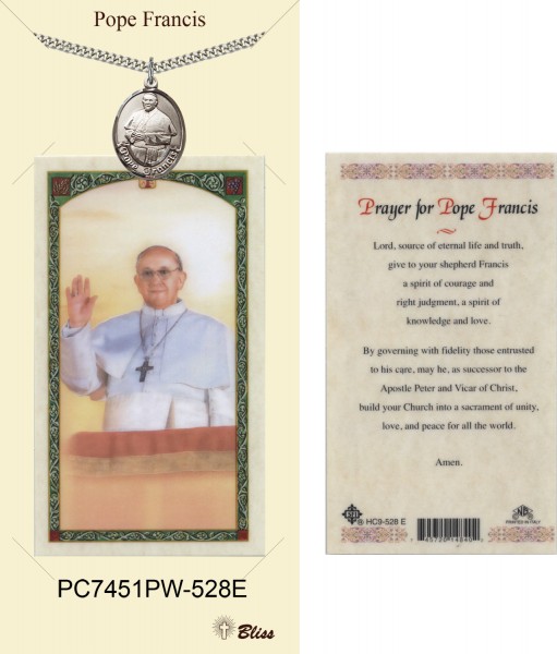 Men's Oval Pope Francis Pewter Pendant w. Prayer Card - Pewter