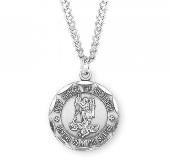 Men's Saint Michael Necklace with Scalloped Round Edge - Sterling Silver