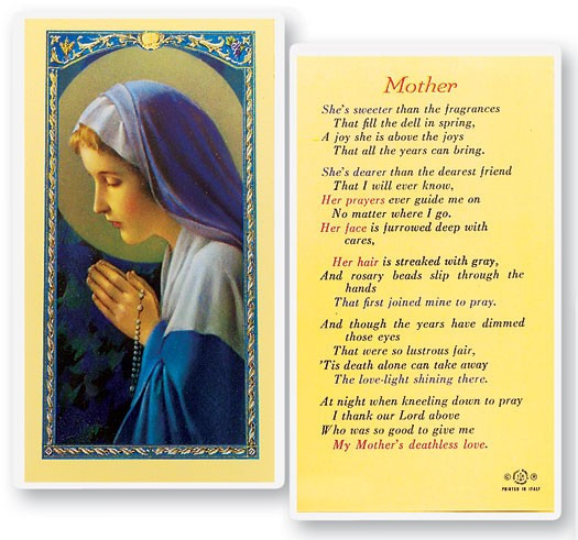 Mother Madonna Praying Rosary Laminated Prayer Card - 1 Prayer Card .99 each