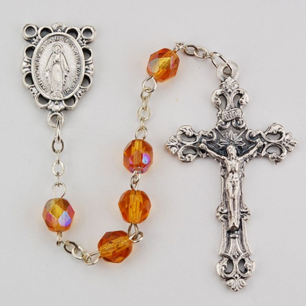 November Amber Aurora Glass Bead Rosary - Topaz