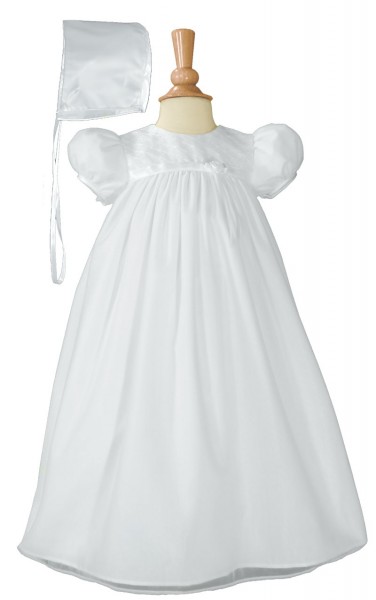 Nylon Tricot Christening Gown with Embroidered Bodice - White