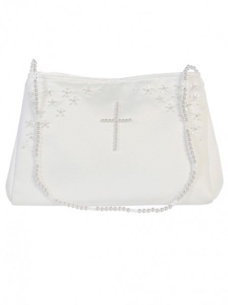 Satin First Communion Purse with Cross - White