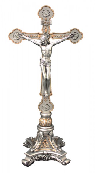 Ornate Standing Crucifix - Pewter Finish, 13 inch - Two-Tone
