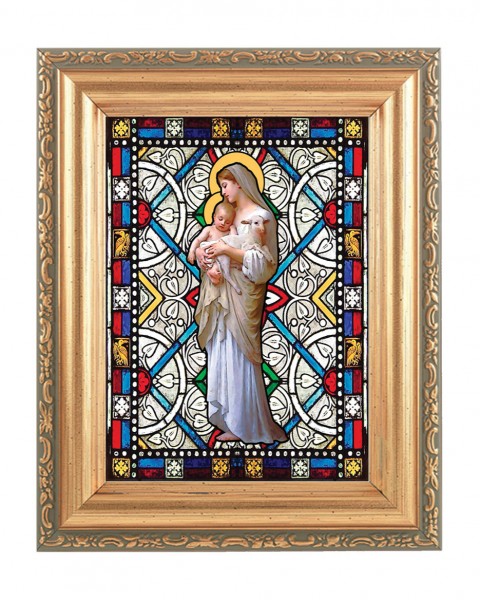 Our Lady of Divine Innocence Gold Frame Stained Glass Effect - Full Color