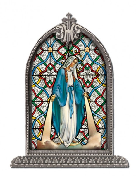 Our Lady of Grace Glass Art in Arched Frame - Full Color