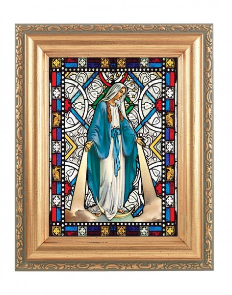 Our Lady of Grace Gold Frame Stained Glass Effect - Full Color