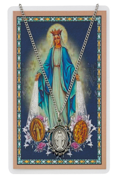 Our Lady of the Miraculous Medal with Prayer Card - Silver tone