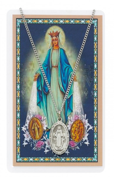 Our Lady of the Miraculous Medal with Prayer Card - Silver tone