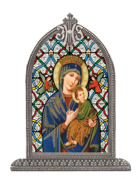 Our Lady of Perpetual Help Glass Art in Arched Frame - Brown | Gold
