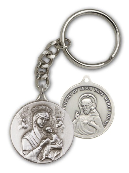 Our Lady of Perpetual Help and Sacred Heart Key Chain - Antique Silver