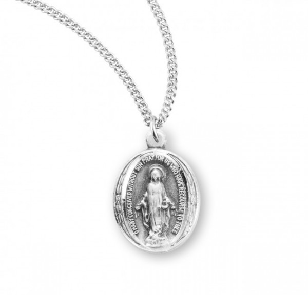 Oval Miraculous Medal with Leaf Border - Sterling Silver