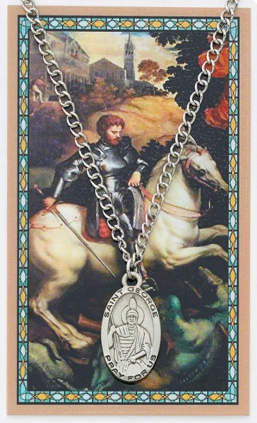 Oval Saint George Medal with Prayer Card - Silver tone